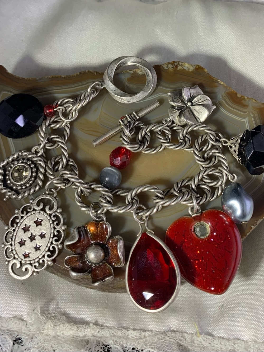 Red Heart & Teardrop Charm Bracelet — Silver-Tone Accent